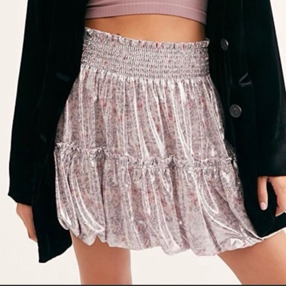 Free People metallic floral tiered bubble skirt elastic waist boho size M - Picture 1 of 13